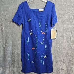 Country Concept Dress Womens Large Blue Embroidered Linen Blend Midi NWT